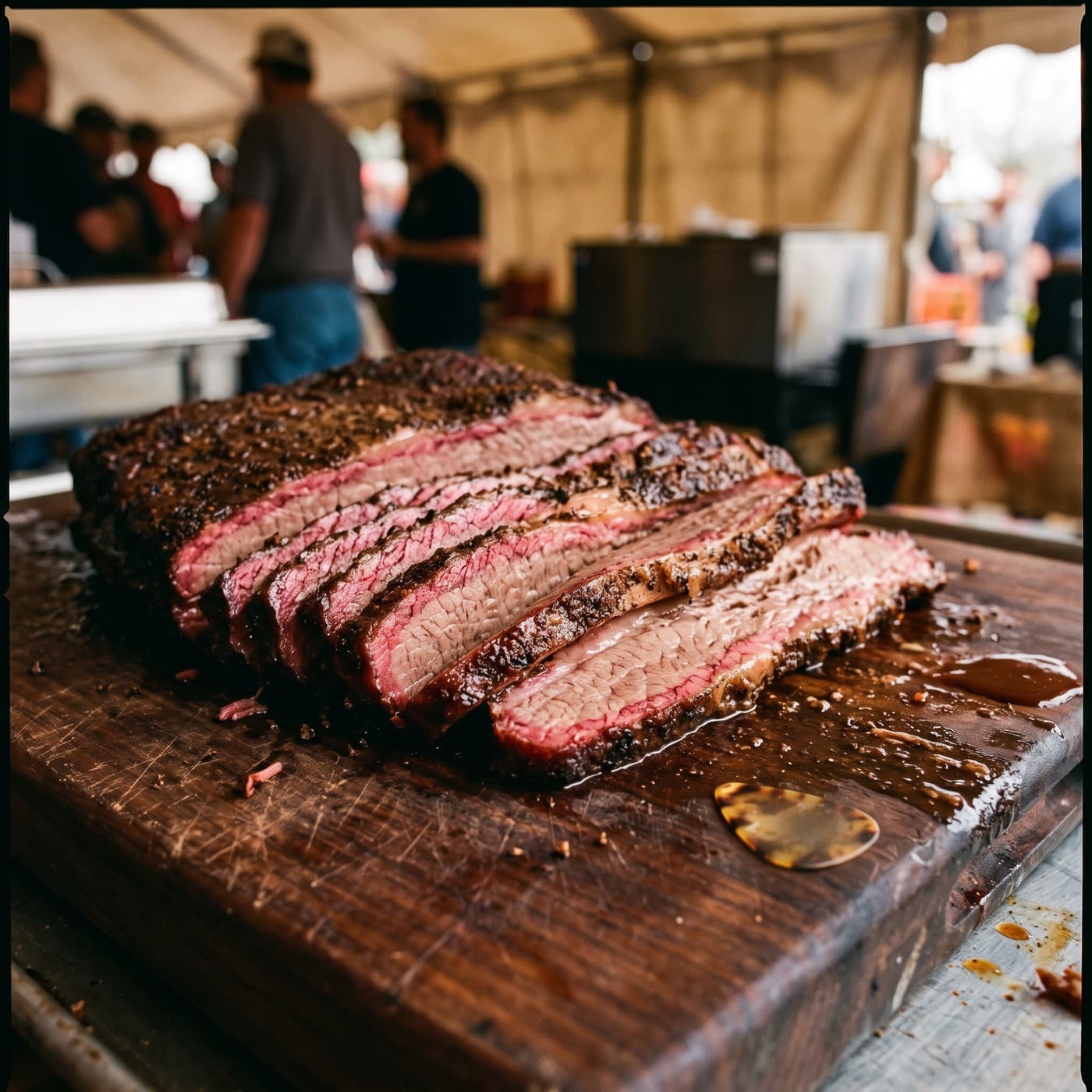 A sliced smoked brisket with a dark bark and a pink smoke ring on a worn wooden cutting board, a tortoiseshell guitar pick lying beside it
