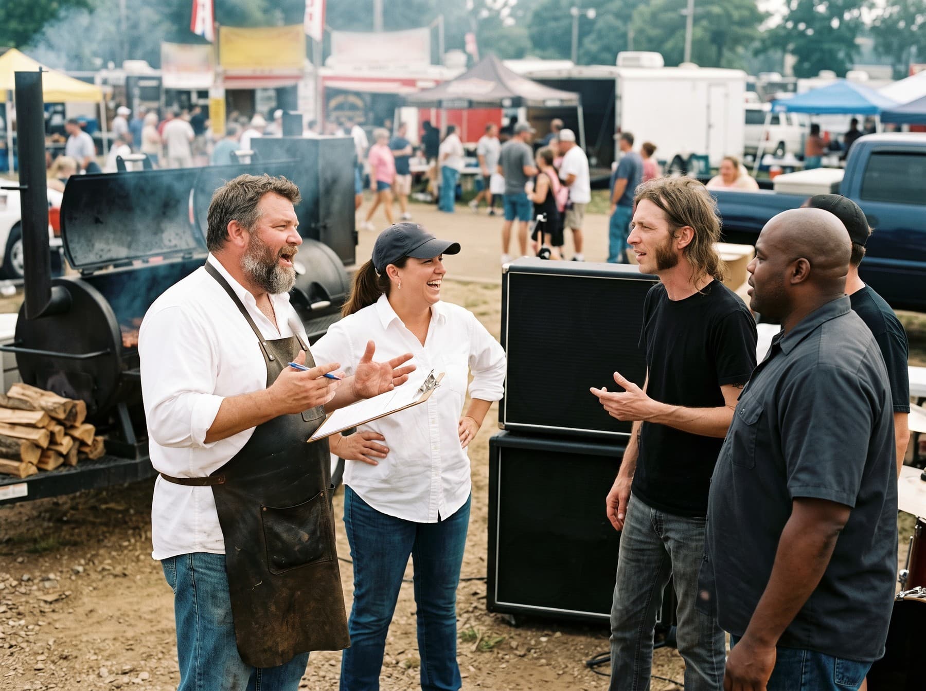 Boone Tackett in a leather apron, pen in hand, speaking with a laughing contest judge in a white shirt and cap holding a clipboard, while Hollis Gray and Reggie Pope stand by a stack of speaker cabinets beside the smoker