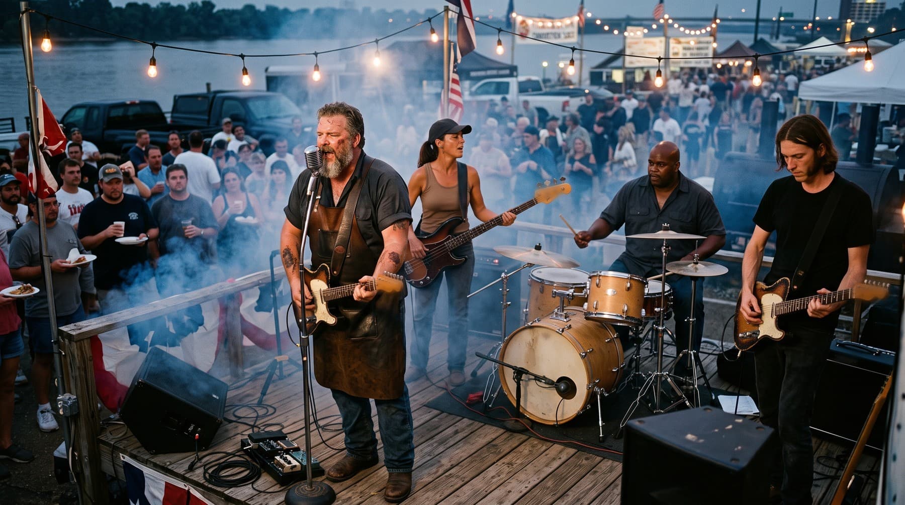 A four-piece band playing on a wooden deck built onto a smoker trailer at a riverside barbecue contest at dusk: a bearded singer in a leather apron with a guitar, a woman in a cap on bass, a drummer, and a long-haired lead guitarist, with smoke drifting over a crowd holding paper plates and string lights over the river behind