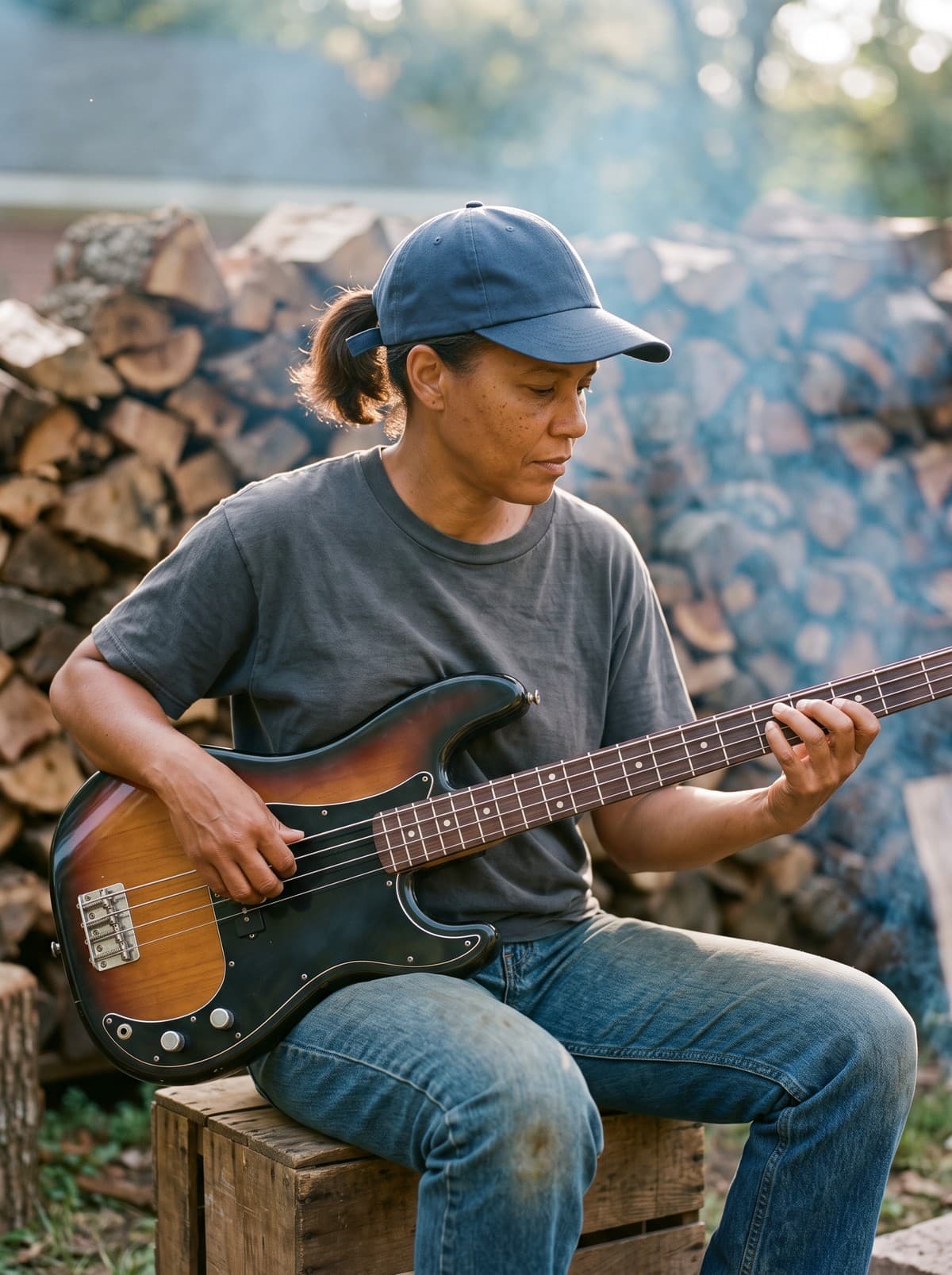 Lu Strickland, a woman with a dark ponytail and a plain blue cap, seated on a wooden crate playing a sunburst bass in front of a stacked woodpile