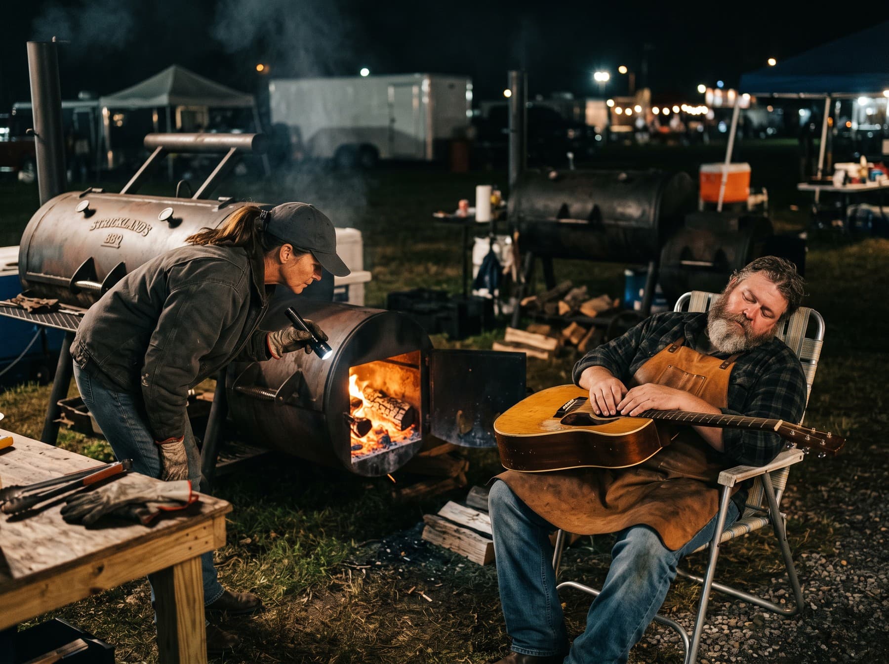 At night, Lu Strickland in a cap shines a flashlight into the open firebox of an offset smoker lettered STRICKLAND'S BBQ while Boone Tackett sleeps in a lawn chair with an acoustic guitar across his lap