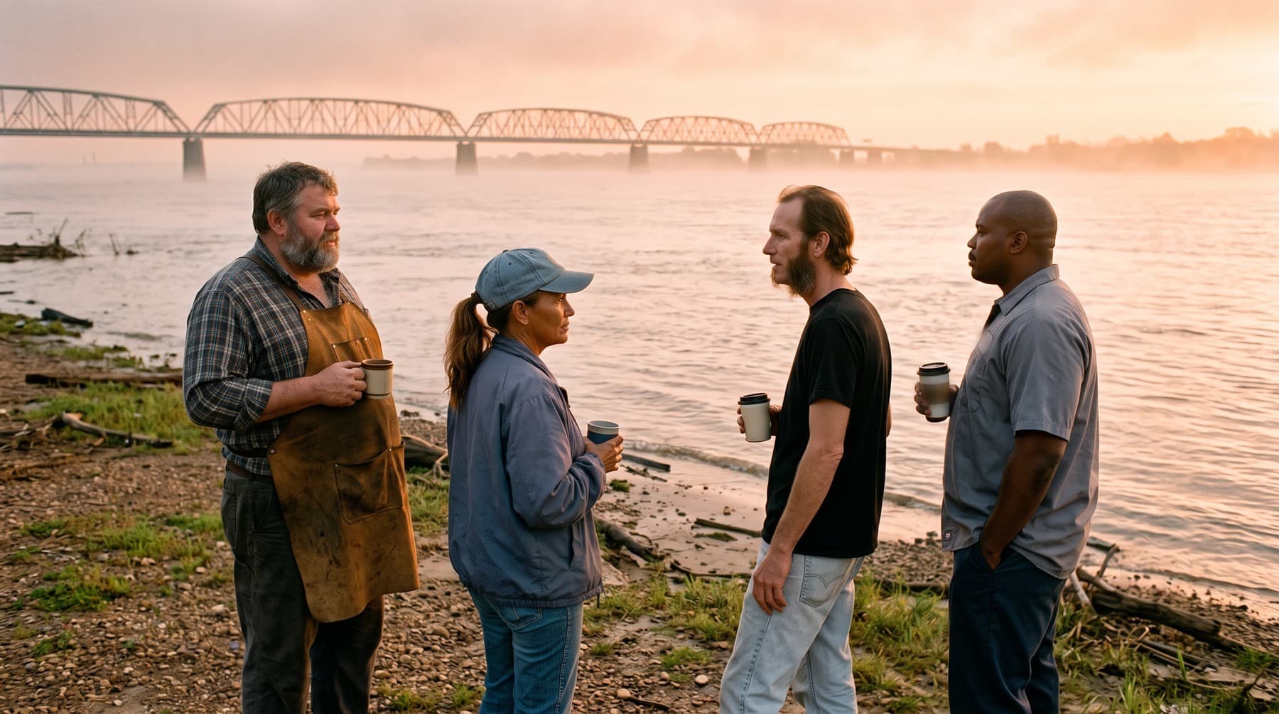 The four band members standing on the muddy bank of the Mississippi River at dawn with coffee cups, an old steel truss bridge in the mist behind them